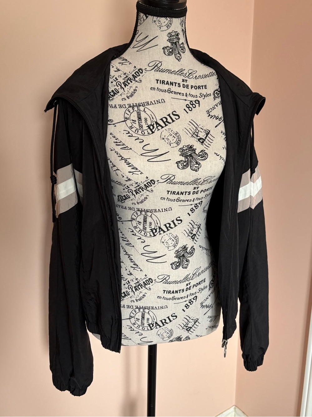 Garage Black Bomber Jacket with Pink & White Stripes